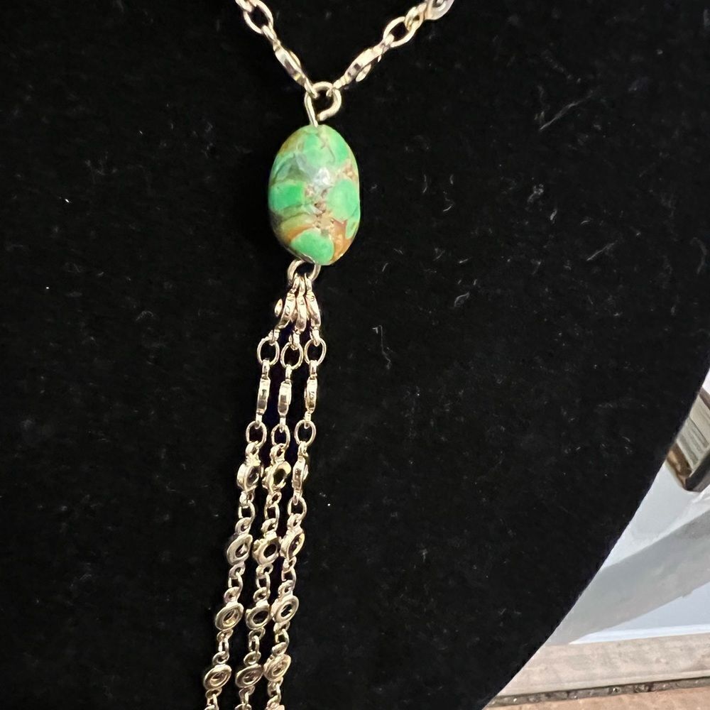 Vintage silver tone stone necklace w drop charms. Dragonfly, 3, and aโbutterfly.